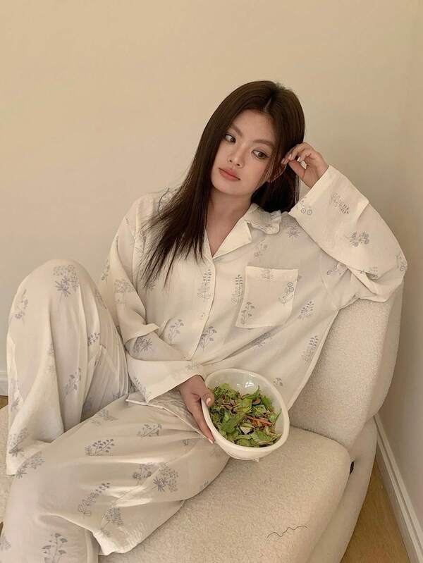 Dazy Plus 2pcs Casual Floral Print Loose Fit Long Top And Pants Pajama Set, Spring/Summer/Autumn
