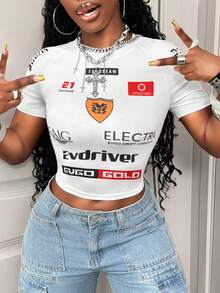 BamGleam Women's Round Neck Letter & Number Print Casual Versatile Daily Wear Short Sleeve T-Shirt - White - View 5