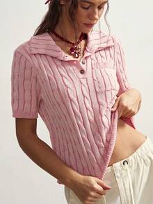 Bohemela 波西米亚风秋冬/春夏复古女式休闲粉色舒适优雅扭结串珠短袖针织Polo衫，采用特殊染色工艺打造柔和褪色效果，西部乡村风格，适合音乐会、派对、海滩度假、日常穿着、返校、外出、派对、圣诞节、情人节、2000年代、夏季假期、冬/春/夏三季穿着。 - 藕粉色 - 查看 5