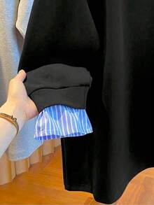 SHEIN 女式纯色简约休闲二合一长袖运动衫 - 黑色 - 查看 3
