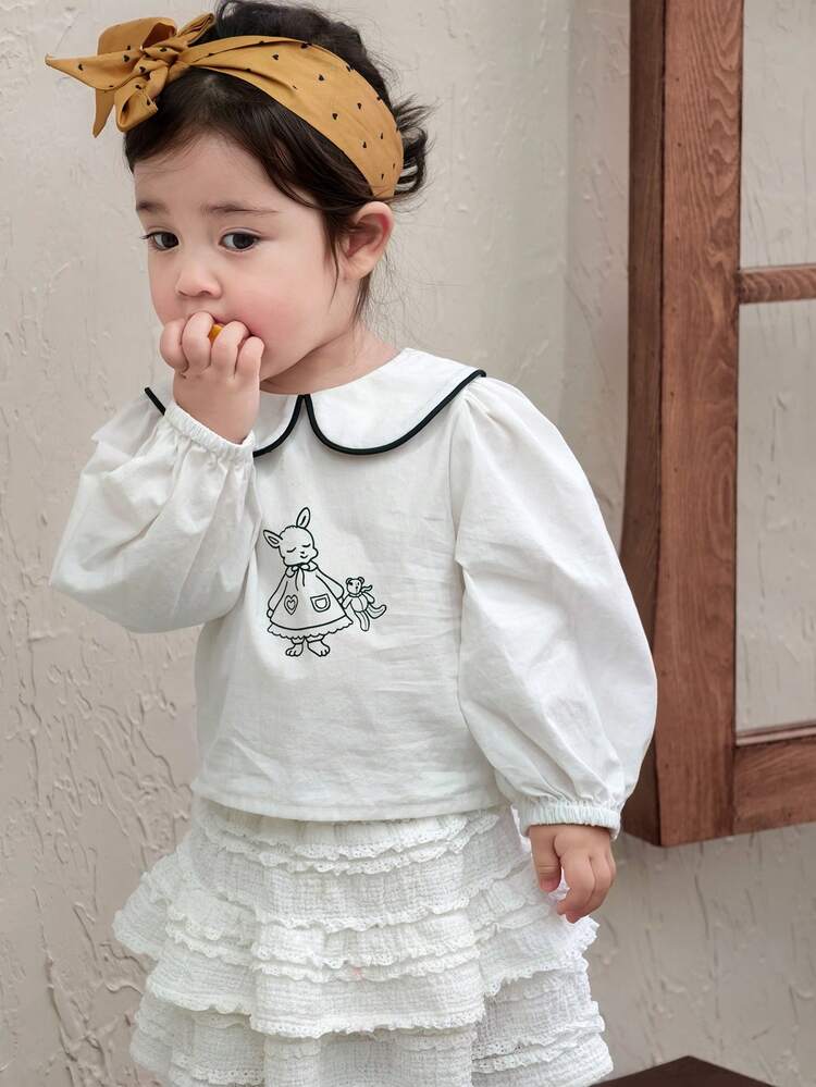Toddler Girls' Peter Pan Collar Cartoon Embroidery Korean Style Long Sleeve Top