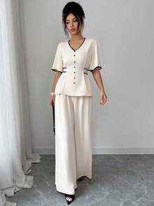 Elenzga Bộ đồ nữ mùa xuân/hè mới màu mơ và đen gồm áo sơ mi cổ chữ V tay phồng thắt nơ cài nút và quần dài ống rộng cạp cao có chun, túi, đa năng, thoải mái, thanh lịch và thời trang cho trang phục hàng ngày. - Màu be - Xem 4