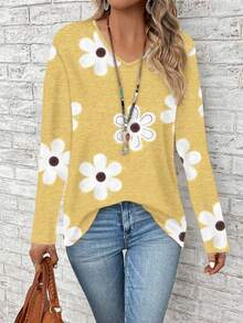 EMERY ROSE Camiseta holgada de manga larga con cuello en V y estampado floral para mujer de talla grande, casual de otoño - Amarillo - Ver 4