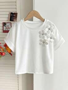 SHEIN 女童休闲都市优雅修身宽松蝙蝠袖翻边水钻花卉装饰圆领T恤，白色 - 白色 - 查看 3