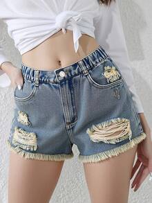 Pantaloncini di jeans consumati per ragazze adolescenti, nuovi arrivi estivi leggeri, jeans di media lavatura vintage, design casual alla moda da strada per vacanze, modello semplice di base con orlo sfilacciato, vita elastica, jeans strappati, tessuto di jeans in cotone morbido e confortevole, adatti per uso quotidiano, raduni, feste, scuola, pendolarismo, nuova collezione primavera/estate - Blu lavato medio - Visualizzare 3