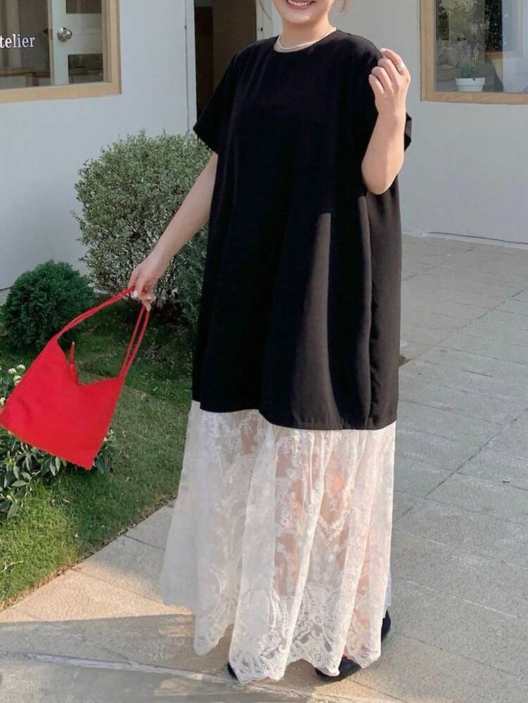 Dazy Plus Fashionable Round Neck Solid Color Short Sleeve Lace Patchwork Straight Loose Plus Size Women Elegant T-Shirt Dress Sundress