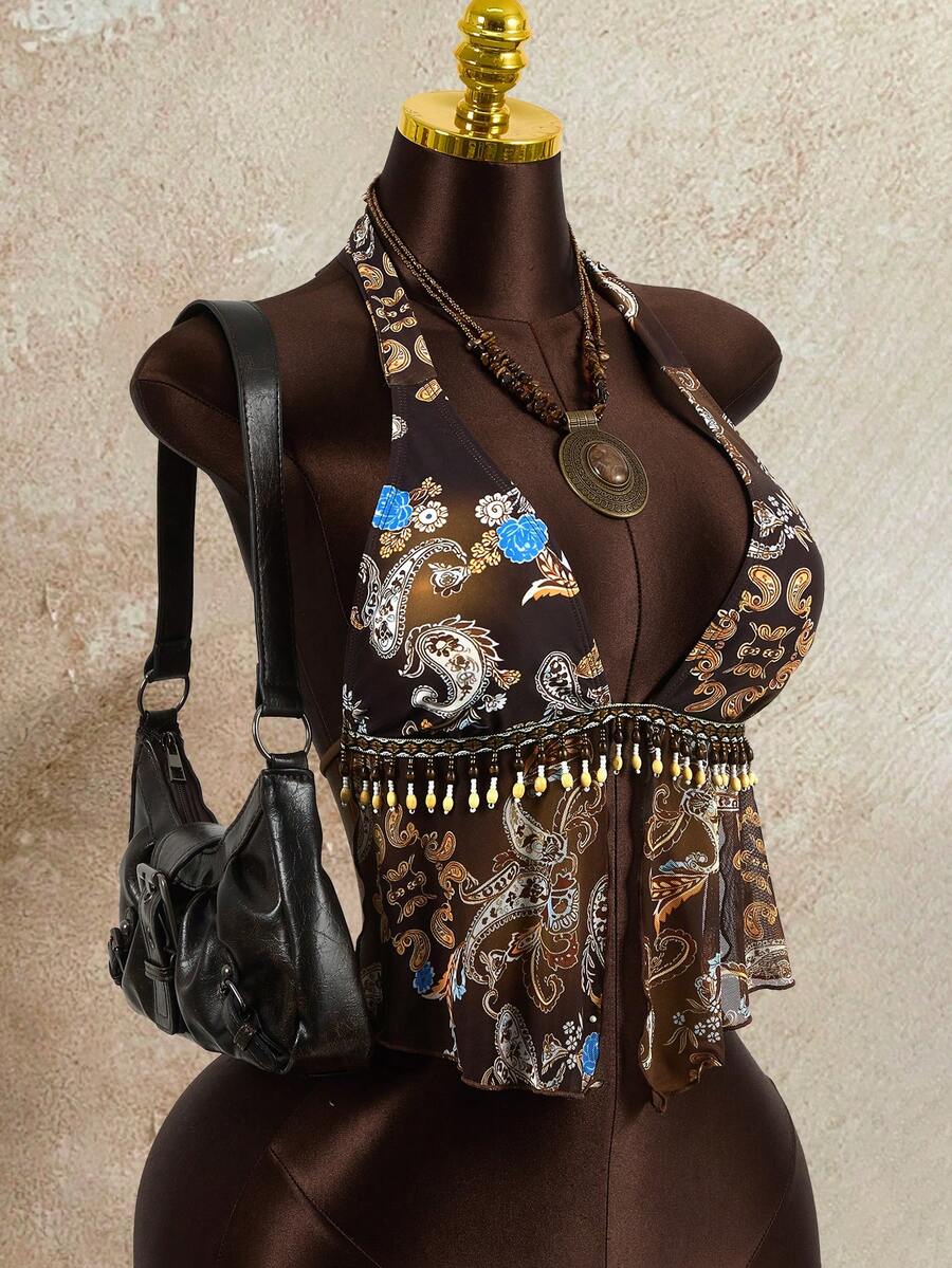 Zestiva Women's Bohemian Printed Beaded Pendant Fabric Tie-Up Halter Swimsuit Top, Summer