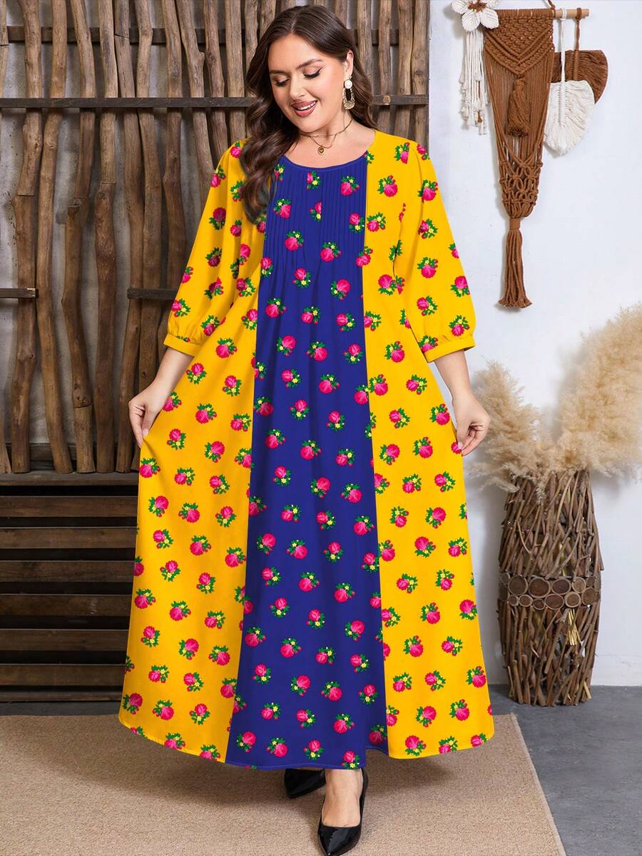 SHEIN Najma Plus Size Women's Floral & Botanical Digital Print Colorblock Round Neck Pleated Design Waist Flared Midi Dress, Spring - Multicolor - View 1
