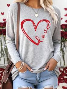EMERY ROSE Women's Casual Heart & Letter Print Dropped Shoulder Loose Fit Crew Neck Long Sleeve T-Shirt, Suitable For Valentine's Day And Daily Commute, Spring/Autumn