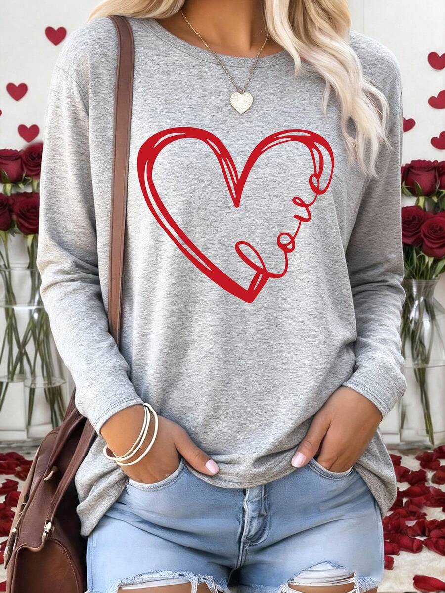 EMERY ROSE Women's Casual Heart & Letter Print Dropped Shoulder Loose Fit Crew Neck Long Sleeve T-Shirt, Suitable For Valentine's Day And Daily Commute, Spring/Autumn