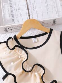 Girls' Sleeveless Asymmetrical Pearl Ruffle Vest And Pearl Double-Layer Skirt Cake Skirt Set Casual Party Gathering Two Pieces Set - Black - View 3