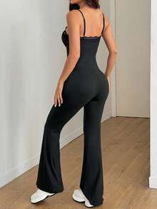 FavEase 黑色蕾丝边拼接吊带露背收腰复古喇叭连体裤，女士春夏休闲家居服，户外、运动、瑜伽，简约百搭 - 黑色 - 查看 6