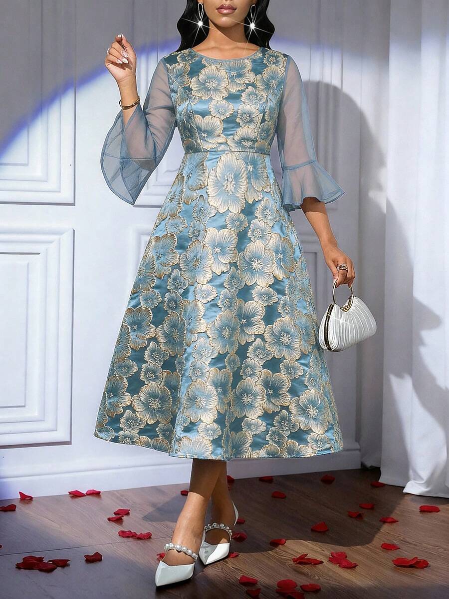 SHEIN Lady 女士圆领提花网纱拼接优雅收腰中长派对连衣裙 - 藍色 - 查看 1