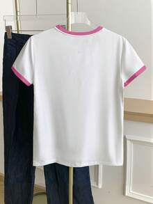 Resyla Camiseta de manga corta casual con cuello redondo y ribete de contraste bordado para mujer - Blanco - Ver 2