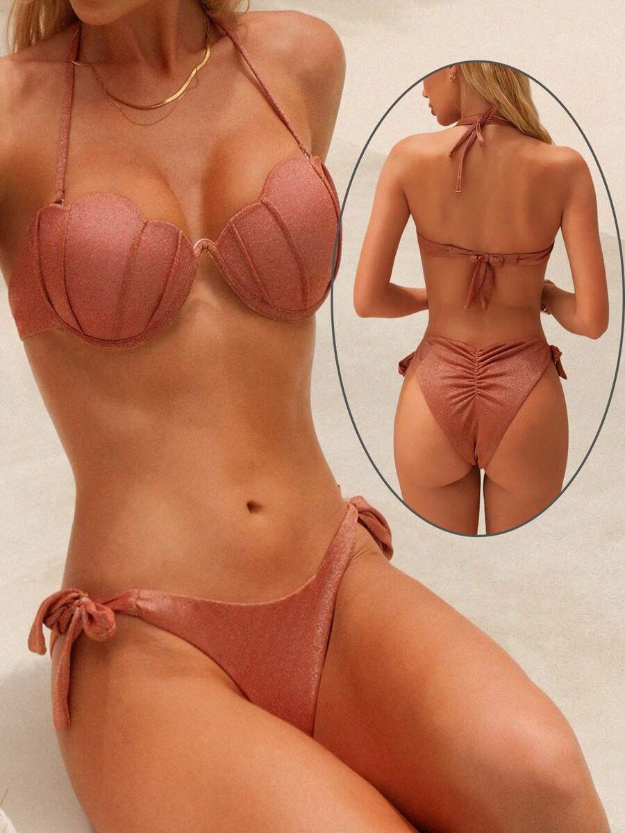 Swim Chiccia 女士银线花瓣硬杯比基尼泳装套装 - 棕色 - 查看 1