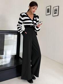 DAZY 女士休闲纯色韩版宽松百搭阔腿裤 - 黑色 - 查看 6