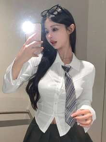 Joudiya Ladies' Simple Solid Color Daily Long Sleeve Shirt,Long Sleeve Tops,Fall Clothes - White - View 10