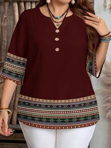 EMERY ROSE Plus Size Casual Vacation Geometric Print Cut-Out Collar Shirt, Suitable For Summer Spring - Brown - View 4
