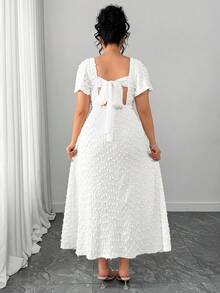 Elenzga 大码女士优雅性感露背蝴蝶结吊带高开衩连衣裙，春夏款 - 杏色 - 查看 5