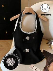 GlowEve Top de tirantes con cuello halter con decoración de flores 3D de strass para mujer - Negro - Ver 1