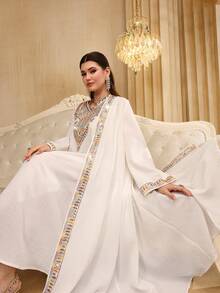 Al Najma 彩色刺绣织带拼接无袖连衣裙，带可拆卸领子 - 白色 - 查看 3