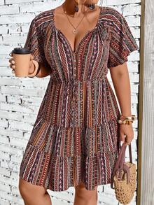 Breezaya Plus Size Short Bohemian Pattern V-Neck Layered Ruffle Hem Mini Dress Bohemian Dress Women Casual Dress Summer Minidress Boho Summer Dress Short Sleeve Dress - Multicolor - View 7