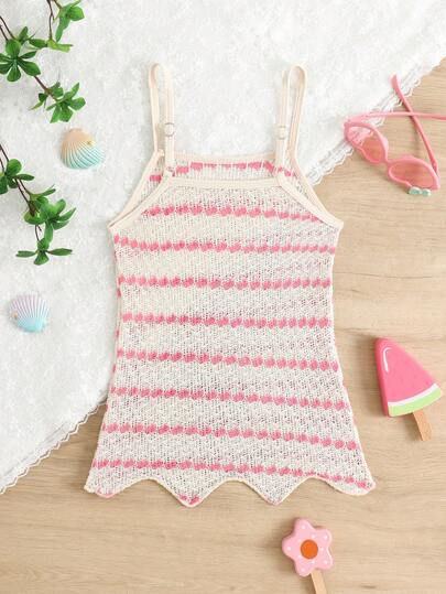 1pc Girls Toddler Pink & Beige Patchwork Elastic Quick-Dry Comfortable Knit Coverup, Suitable For Beach, Pool, Seaside, Surfing, Vacation, Summer, Travel, Holiday