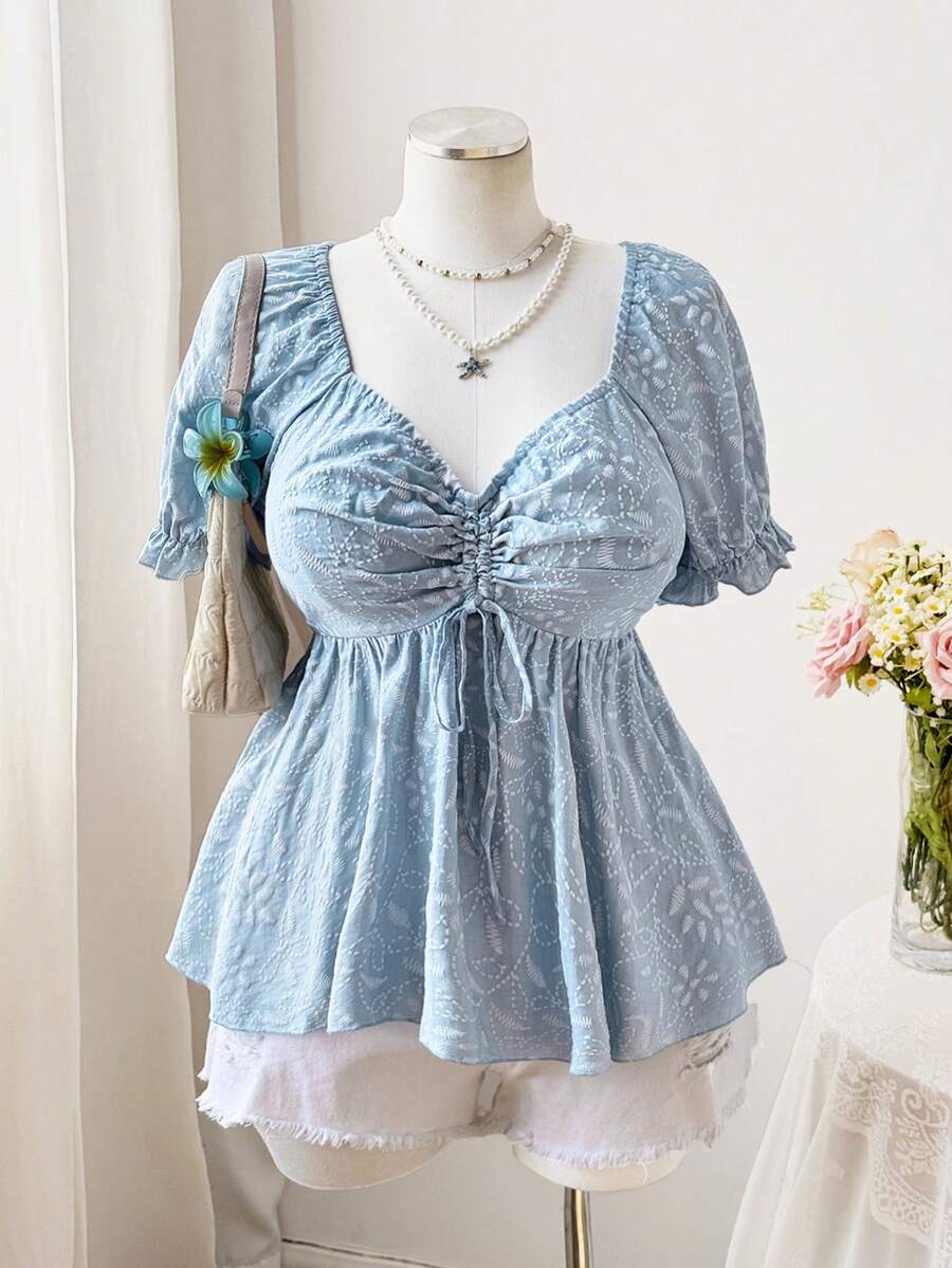 Flirla Plus Size Diamond Collar Puff Sleeve Faux Embroidery A-Line Drawstring Ruched Hem Short Sleeve Blouse - Baby Blue - View 1