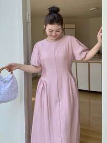 Dazy Plus Đầm dài màu trơn cổ tròn tay phồng eo thắt cho nữ cỡ lớn, màu hồng, thích hợp cho mùa xuân/hè. - Màu tím hoa cà - Xem 6