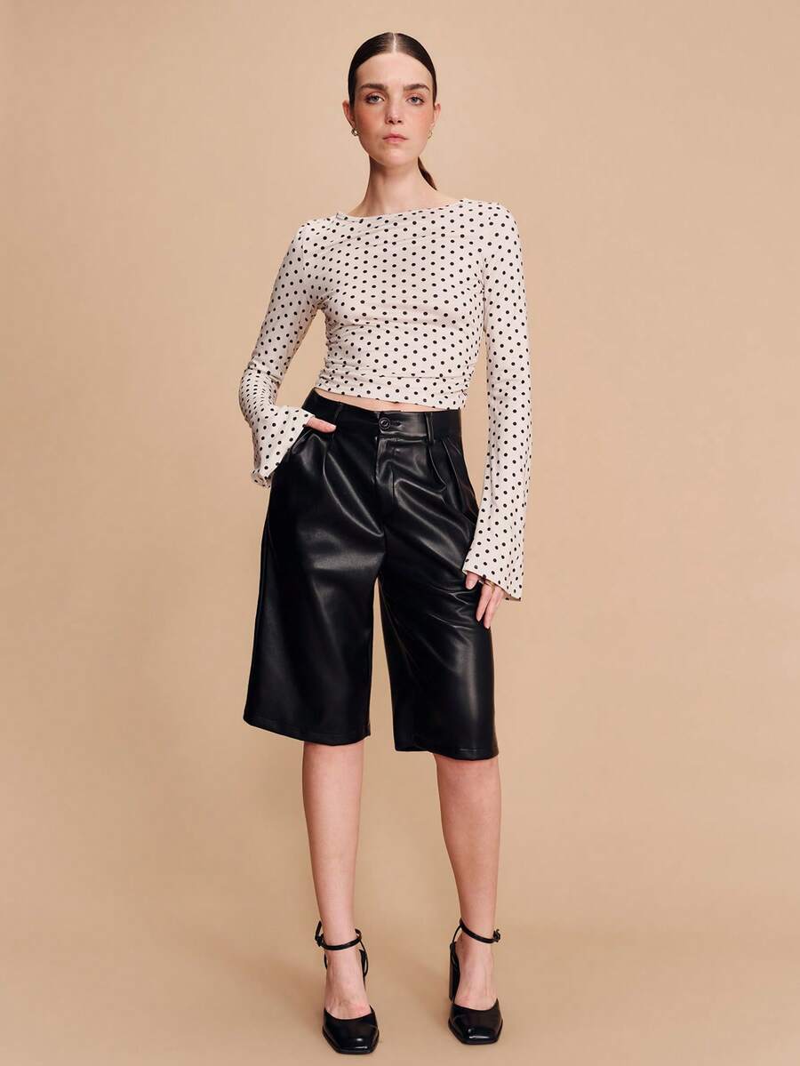 lacRébo Shorts bermudas de cintura alta de piel sintética negra con pliegues a medida y ajuste relajado, estilo moderno y elegante para primavera y verano, estilo francés y parisino - Negro - Ver 1