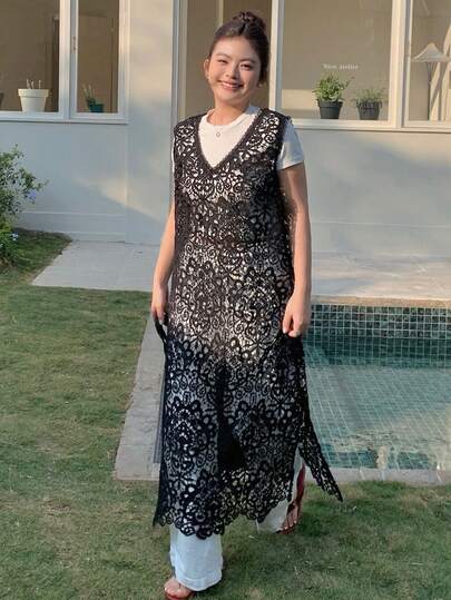 Dazy Plus 大码女式V领蕾丝拼接镂空休闲百搭约会之夜连衣裙