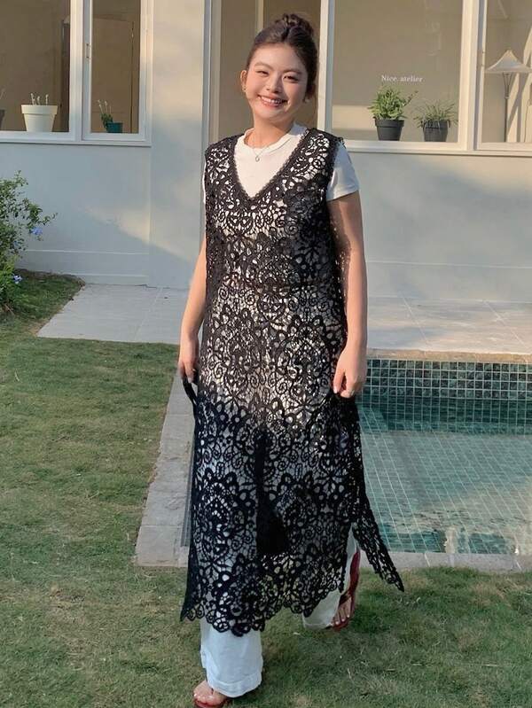 Dazy Plus 大码女式V领蕾丝拼接镂空休闲百搭约会之夜连衣裙