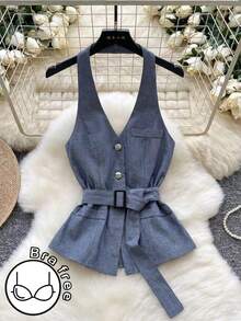 GlowEve 女士休闲前扣系带露背吊带上衣，夏季 - 灰色 - 查看 1