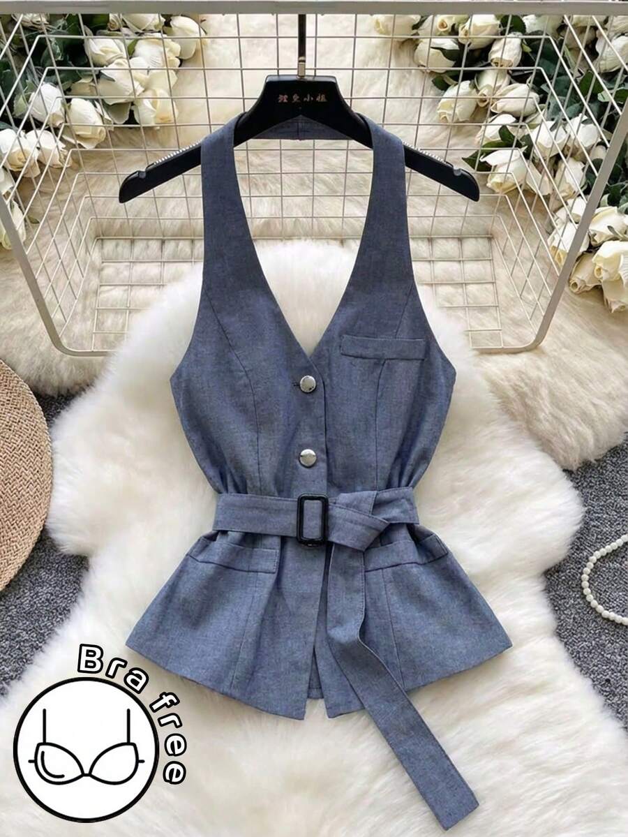 GlowEve 女士休闲前扣系带露背吊带上衣，夏季 - 灰色 - 查看 1