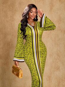 Brilight Đầm dài tay cổ chữ V dáng ôm, in họa tiết nhiệt đới thanh lịch dành cho nữ, thích hợp cho các buổi họp mặt và tiệc tùng, họa tiết Nam Phi, trang phục truyền thống Nam Phi, đầm mùa thu, đầm nữ, đầm dự tiệc thanh lịch. - Màu vàng - Xem 4