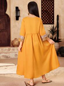 SHEIN Tween Girl Polyester Yellow Modest Midi Dress A Line Long Regular Sleeve Square Neck Geometric Pattern Zipper Casual,Kids - Yellow - View 4