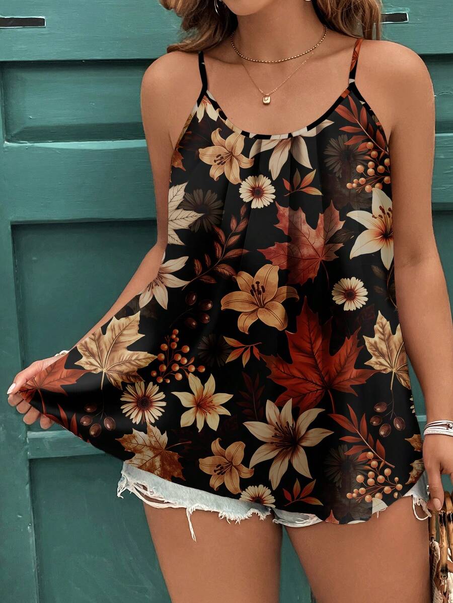 EMERY ROSE Plus Size Women Vintage Floral Print Camisole And Tank Top, Casual For Summer, Vacation, Outdoor Wear Spring - Multicolor - View 1