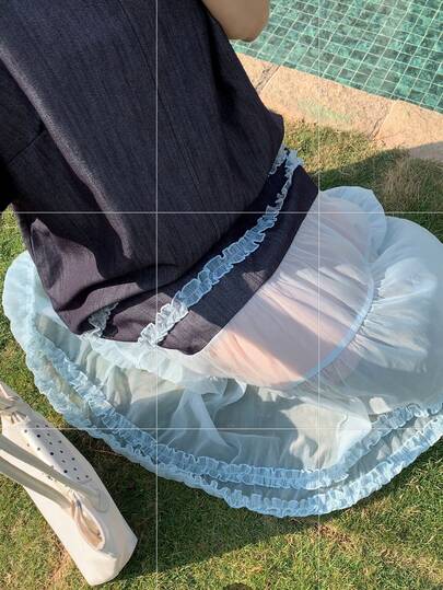 Dazy Plus Blue Casual Loose Straight Mesh Patchwork Short Sleeve Round Neck Dress For Girls