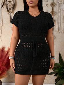 Swim Lushoire Vestido de playa con cuello en V, cintura con lazo y efecto estilizante para mujer talla grande - Negro - Ver 7
