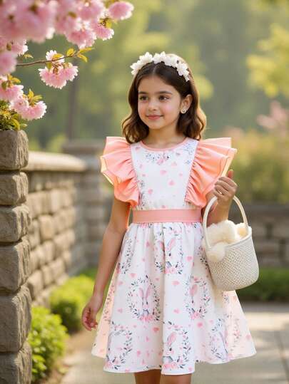 SHEIN 女童休闲碎花连衣裙，配可拆卸大蝴蝶结，春夏款