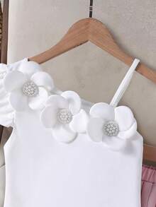 2pcs/Set Tween Girls White Summer Cute Tea Party Outfit,Elegant Beaded Floral Decor Spaghetti Strap Fitted Top&Pleated Minimalist A-Line Skirt,Casual - Pink - View 5
