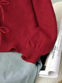 SHEIN Frenchy Áo khoác cardigan nữ kiểu dáng tối giản, màu đỏ đậm, nền trắng, thêu họa tiết trái tim thật, có nơ, thích hợp cho mùa xuân/hè. - Nhiều màu - Xem 3