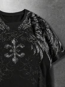 ROMWE MEN 男士休闲翅膀印花宽松短袖T恤，夏季 - 黑色 - 查看 4