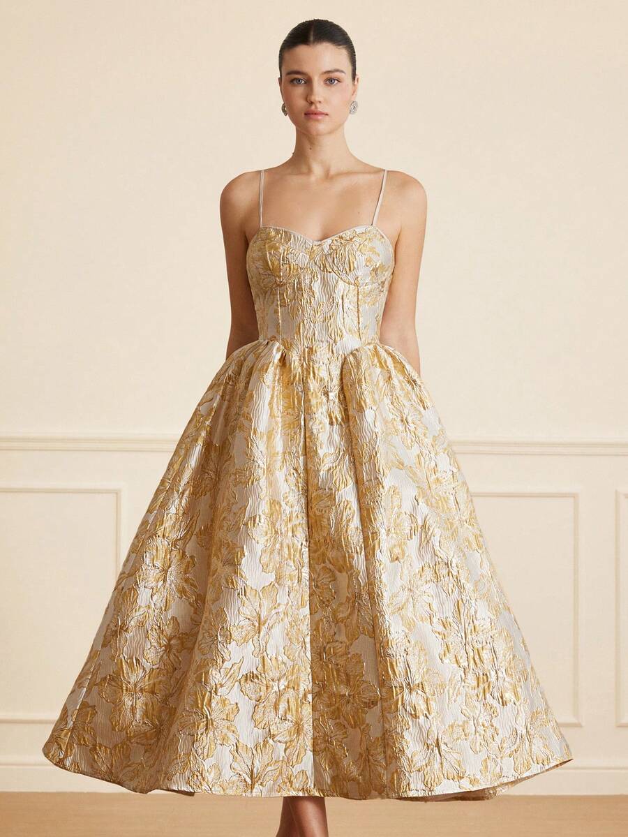 BELROSIE Robe camisole midi plissée élégante à taille cintrée en jacquard pour soirée - Multicolore - Voir 1