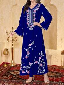 Al Najma 女士藏蓝色V领长袖喇叭下摆优雅舒适印花连衣裙，涤纶材质，适合居家、外出、度假、派对等场合。 - 寶藍色 - 查看 6