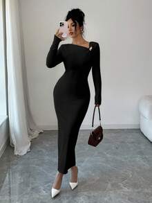 Elenzga 女士罗纹褶皱金属装饰休闲中长针织连衣裙，适合秋冬季旅行 - 黑色 - 查看 4