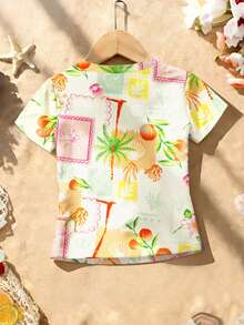 Teen Girls' All-Over Print Round Neck Casual Short Sleeve T-Shirt, Summer - Multicolor - View 8