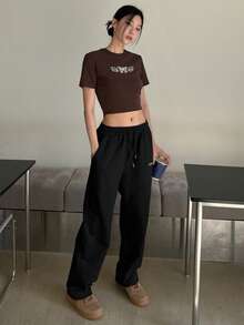 DAZY 加大码女式字母刺绣弹力腰抽绳宽松哈伦运动休闲裤，黑色，四季皆宜 - 黑色 - 查看 3