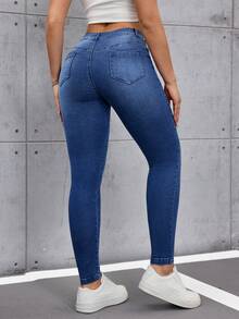 SHEIN Tall Quần jeans nữ dáng ôm, rách, có túi, phong cách thường ngày, đa năng. - Rửa tối - Xem 2