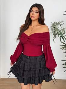 Vionelle Sexy Minimalist Pleated Waist Off Shoulder Plus Size Cropped Blouse - Burgundy - View 5